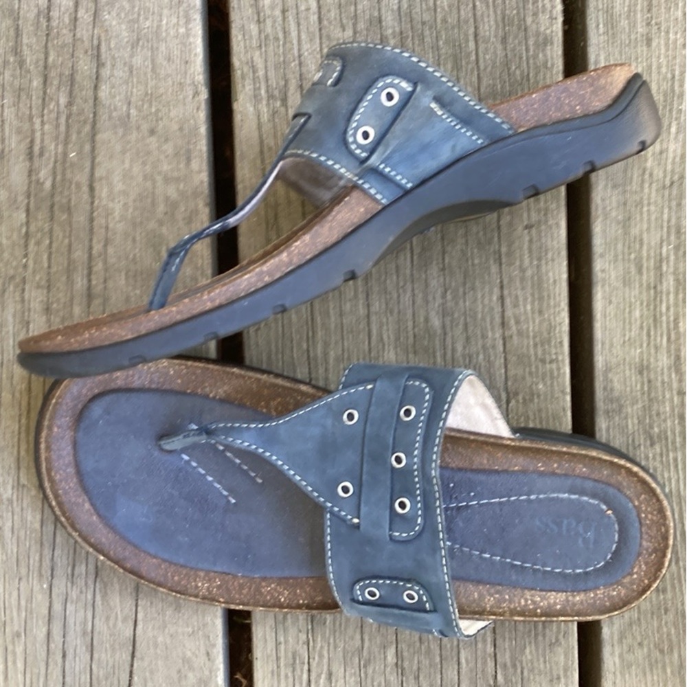 Sandals BASS Shoes CREST Flip Flops Leather Gray Grey Blue T-Strap Cork Size 7.5